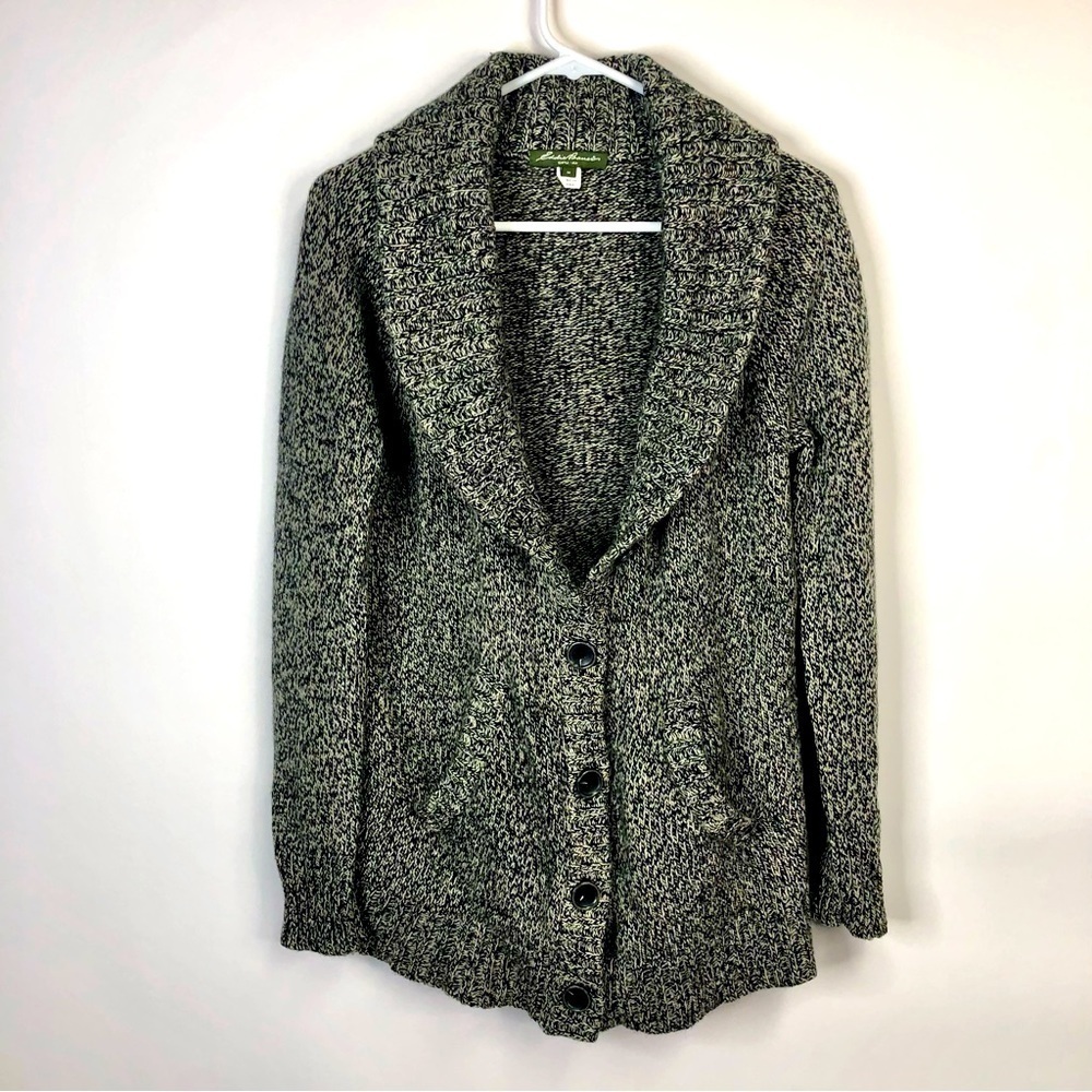 Eddie Bauer cardigan wool blend sweater black cream shawl neck button down M